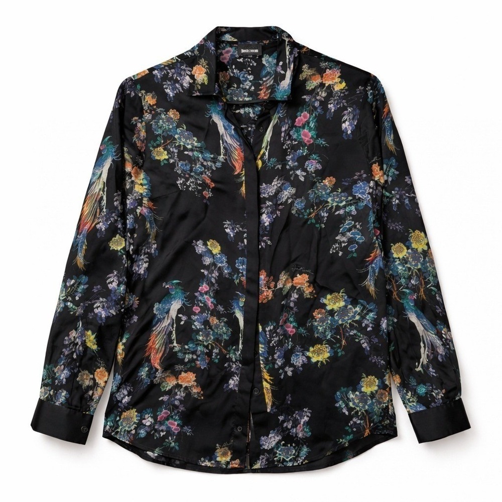RARE Just Cavalli by Roberto Black Peacock Floral Silk shirt 42 W M Maximalist